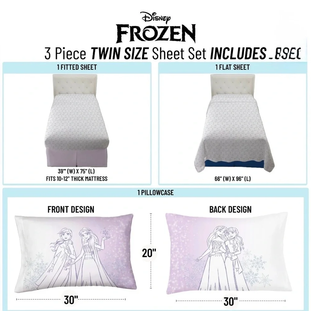 Frozen Winter Frost Adventures 3-Piece Twin Sheet Set, White & Purple, Disney - Picture 2 of 5